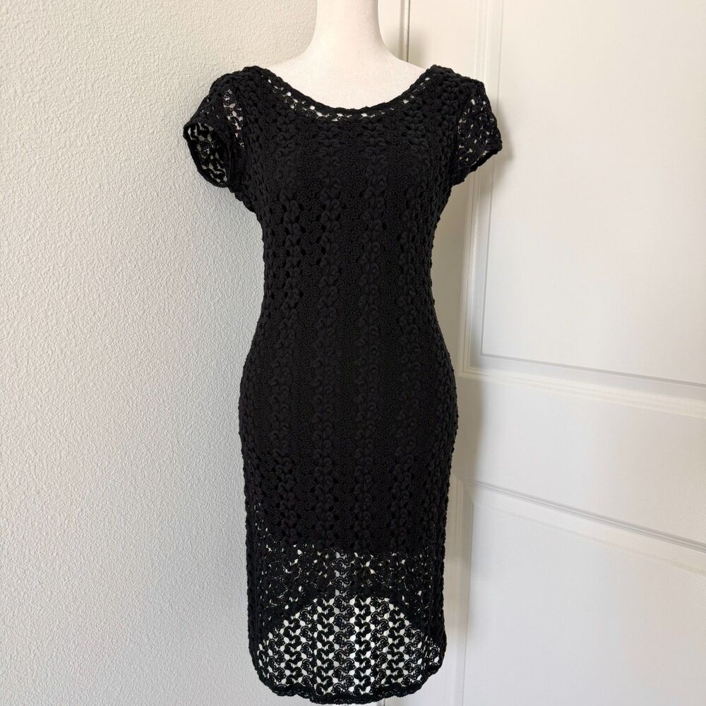 Free People Black Midi Dress Backless Scoop Neck Crochet Short Sleeve Boho Chic
